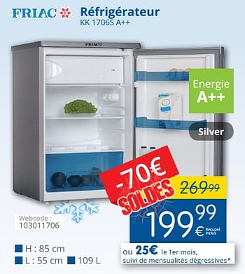 Promoties Friac réfrigérateur kk 1706s a++ - Friac - Geldig van 15/01/2018 tot 31/01/2018 bij Eldi