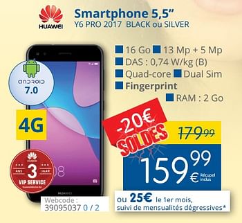 Promotions Huawei smartphone 5,5`` y6 pro 2017 black ou silver - Huawei - Valide de 15/01/2018 à 31/01/2018 chez Eldi