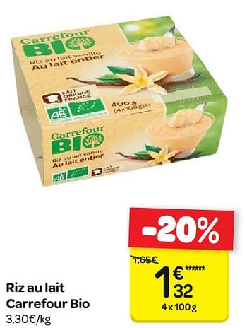 Promoties Riz au lait carrefour bio - Huismerk - Carrefour  - Geldig van 17/01/2018 tot 29/01/2018 bij Carrefour