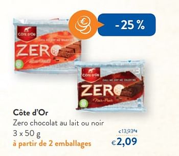 Promotions Côte d`or zero chocolat au lait ou noir - Cote D'Or - Valide de 13/01/2018 à 30/01/2018 chez OKay