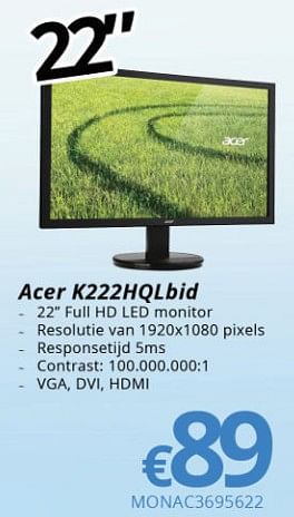 Promoties Acer k222hqlbid - Acer - Geldig van 15/01/2018 tot 28/02/2018 bij Compudeals