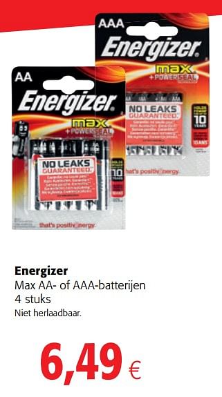 Promotions Energizer max aa- of aaa-batterijen - Energizer - Valide de 17/01/2018 à 30/01/2018 chez Colruyt