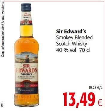 Promotions Sir edward`s smokey blended scotch whisky - Sir Edward - Valide de 17/01/2018 à 30/01/2018 chez Colruyt