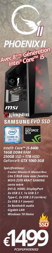 Promotions Intel core i5-8400 16gb ddr4 ram 250gb ssd + hod geforce gtx 1060-3gb - MSI - Valide de 15/01/2018 à 28/02/2018 chez Compudeals