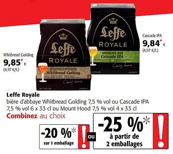 Promotions Leffe royale bière d`abbaye whitbread golding 7,5 % vol ou cascade ipa 7,5 % vol 6 x 33 cl ou mount hood 7,5 % vol - Leffe - Valide de 17/01/2018 à 30/01/2018 chez Colruyt