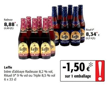 Promotions Leffe bière d`abbaye radieuse 8,2 % vol, rituel 9° 9 % vol ou triple 8,5 % vol - Leffe - Valide de 17/01/2018 à 30/01/2018 chez Colruyt