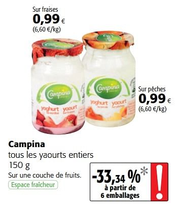 Promotions Campina tous les yaourts entiers - Campina - Valide de 17/01/2018 à 30/01/2018 chez Colruyt