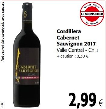 Promotions Cordillera cabernet sauvignon 2017 valle central - chili - Vins rouges - Valide de 17/01/2018 à 30/01/2018 chez Colruyt