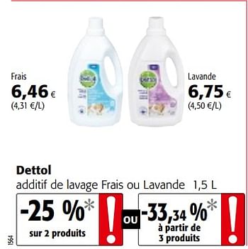 Promotions Dettol additif de lavage frais ou lavande - Dettol - Valide de 17/01/2018 à 30/01/2018 chez Colruyt