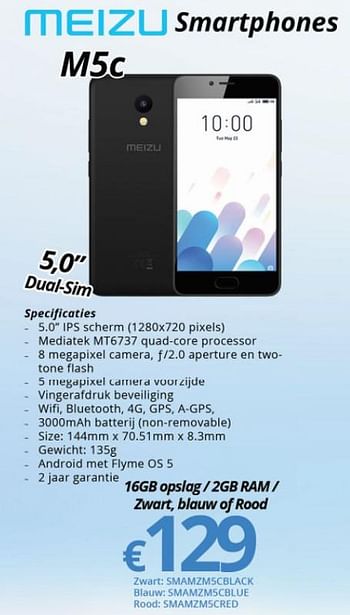 Promoties Meizu smartphones m5c - Meizu - Geldig van 15/01/2018 tot 28/02/2018 bij Compudeals
