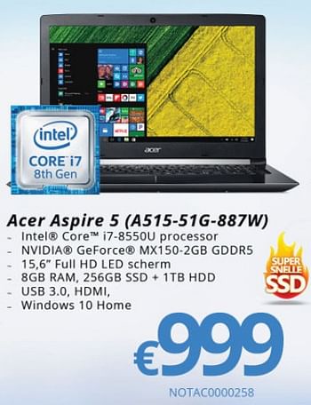 Promoties Acer aspire 5 (a515-51g-887w) - Acer - Geldig van 15/01/2018 tot 28/02/2018 bij Compudeals
