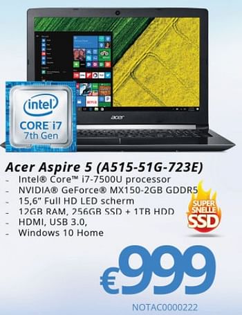 Promoties Acer aspire 5 (a515-51g0723e) - Acer - Geldig van 15/01/2018 tot 28/02/2018 bij Compudeals