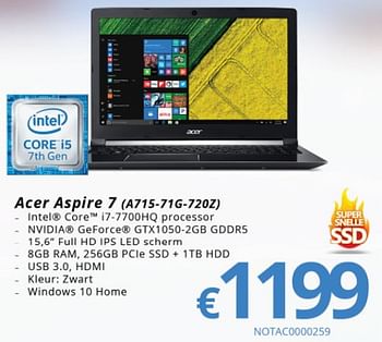 Promoties Acer aspire 7 (a715-71g-720z) - Acer - Geldig van 15/01/2018 tot 28/02/2018 bij Compudeals