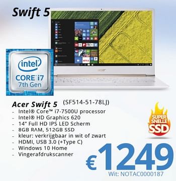 Promoties Acer swift 5 (sf514-51-78lj) wit - Acer - Geldig van 15/01/2018 tot 28/02/2018 bij Compudeals