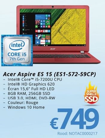 Promotions Acer aspire es 15 (es1572-59cp) rood notac0000217 - Acer - Valide de 15/01/2018 à 28/02/2018 chez Compudeals
