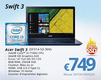 Promotions Acer swift 3 (sf314-52-30v) blauw notac0000204 - Acer - Valide de 15/01/2018 à 28/02/2018 chez Compudeals