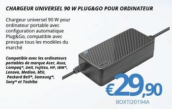 Promotions Chargeur universel 90 w plug+go pour ordinateur boxti20194a - Produit maison - Compudeals - Valide de 15/01/2018 à 28/02/2018 chez Compudeals
