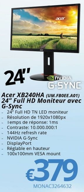 Promotions Acer xb240ha full hd moniteur avec g-sync - Acer - Valide de 15/01/2018 à 28/02/2018 chez Compudeals