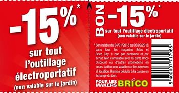 Promotions -15% sur tout l`outillage électroportatif - Produit maison - Brico - Valide de 24/01/2018 à 05/02/2018 chez Brico