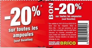 Promotions -20% sur toutes les ampoules - Produit maison - Brico - Valide de 24/01/2018 à 05/02/2018 chez Brico