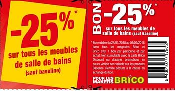 Promotions -25% sur tous les meubles de salle de bains - Produit maison - Brico - Valide de 24/01/2018 à 05/02/2018 chez Brico