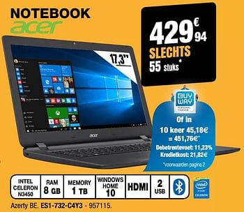 Promoties Acer notebook es1-732-c4y3 - Acer - Geldig van 31/01/2018 tot 18/02/2018 bij Electro Depot