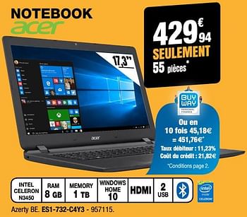 Promotions Acer notebook es1-732-c4y3 - Acer - Valide de 31/01/2018 à 18/02/2018 chez Electro Depot