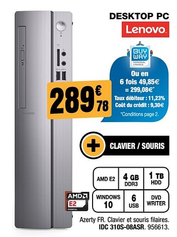 Promoties Lenovo desktop pc idc 310s-08asr - Lenovo - Geldig van 31/01/2018 tot 18/02/2018 bij Electro Depot