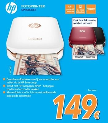 Promotions Hp fotoprinter sprocket - HP - Valide de 01/02/2018 à 25/02/2018 chez Krefel