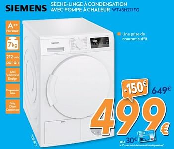 Promotions Siemens sèche-linge à condensation avec pompe à chaleur wt43h271fg - Siemens - Valide de 01/02/2018 à 25/02/2018 chez Krefel