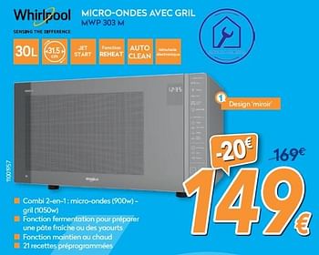 Promotions Whirlpool micro-ondes avec gril mwp 303 m - Whirlpool - Valide de 01/02/2018 à 25/02/2018 chez Krefel