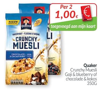 Promoties Quaker crunchy muesli goji + blueberry of chocolade + kokos - Quaker - Geldig van 01/02/2018 tot 28/02/2018 bij Intermarche