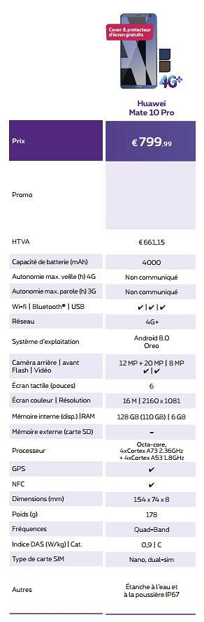 Promotions Huawei mate 10 pro - Huawei - Valide de 01/02/2018 à 28/02/2018 chez Proximus