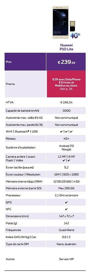 Promotions Huawei p10 lite - Huawei - Valide de 01/02/2018 à 28/02/2018 chez Proximus