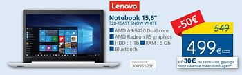 Promoties Lenovo notebook 15,6`` 320-15ast snow white - Lenovo - Geldig van 01/02/2018 tot 28/02/2018 bij Eldi