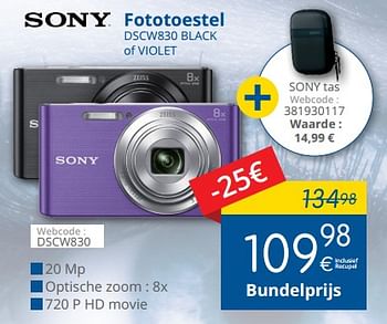 Promotions Sony fototoestel dscw830 black of violet - Sony - Valide de 01/02/2018 à 28/02/2018 chez Eldi