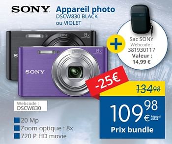 Promotions Sony appareil photo dscw830 black ou violet - Sony - Valide de 01/02/2018 à 28/02/2018 chez Eldi
