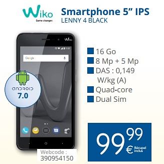 Promotions Wiko smartphone 5`` ips lenny 4 black - Wiko - Valide de 01/02/2018 à 28/02/2018 chez Eldi