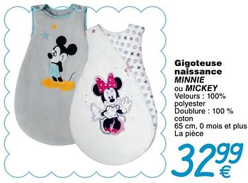 Promotions Gigoteuse naissance minnie ou mickey - Disney - Valide de 01/01/2018 à 31/12/2018 chez Cora
