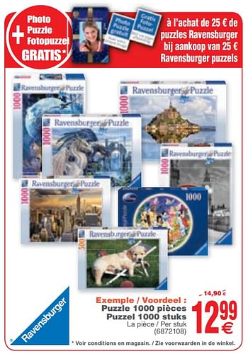 Promoties Ravensburger puzzle 1000 pièces puzzel 1000 stuks - Ravensburger - Geldig van 06/02/2018 tot 19/02/2018 bij Cora