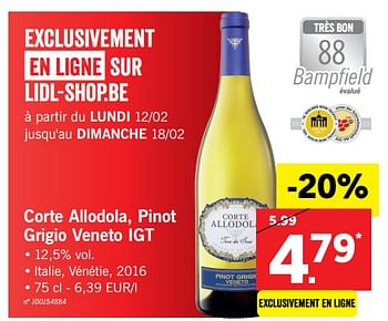 Promoties Corte allodola, pinot grigio veneto igt - Witte wijnen - Geldig van 12/02/2018 tot 17/02/2018 bij Lidl