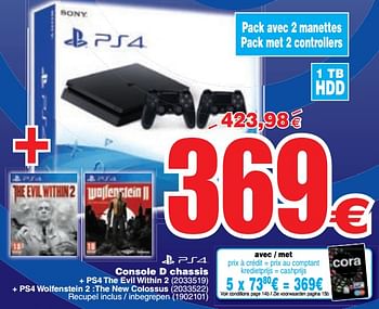 Promoties Ps4 console d chassis + ps4 the evil within 2 + ps4 wolfenstein 2 :the new colossus - Sony Computer Entertainment Europe - Geldig van 06/02/2018 tot 19/02/2018 bij Cora