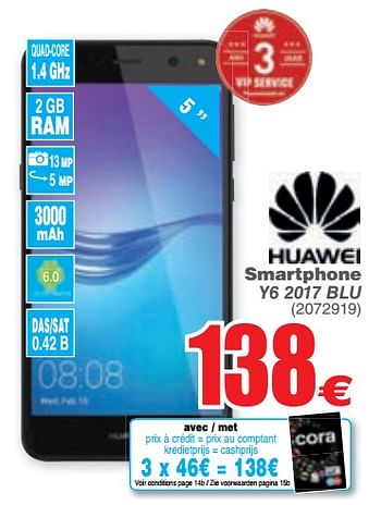 Promoties Huawei smartphone y6 2017 blu - Huawei - Geldig van 06/02/2018 tot 19/02/2018 bij Cora
