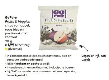 Promoties Gopure fruits + veggies chips van appel, rode biet en pastinaak met zeezout - Go pure - Geldig van 07/02/2017 tot 06/03/2018 bij Bioplanet