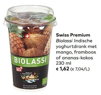 Promotions Swiss premium biolassi indische yoghurtdrank met mango, framboos of ananas-kokos - Swiss Premium - Valide de 07/02/2017 à 06/03/2018 chez Bioplanet