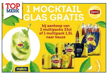 Promoties 1 mocktail glas gratis bij aankoop van 2 multipacks of 1 multipack naar keuze lipton - Lipton - Geldig van 14/02/2018 tot 27/02/2018 bij Makro