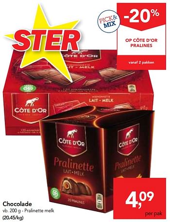 Promotions Cote d`or pralinette melk chocolade - Cote D'Or - Valide de 14/02/2018 à 27/02/2018 chez Makro
