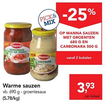 Promotions Warme sauzen groentesaus - Manna - Valide de 14/02/2018 à 27/02/2018 chez Makro