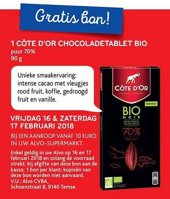 Promoties 1 cote d or chocoladetablet bio - Cote D'Or - Geldig van 14/02/2018 tot 27/02/2018 bij Alvo