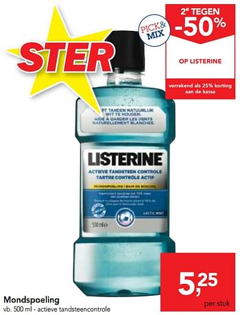 Promotions Listerine actieve tandsteencontrole mondspoeling - Listerine - Valide de 14/02/2018 à 27/02/2018 chez Makro